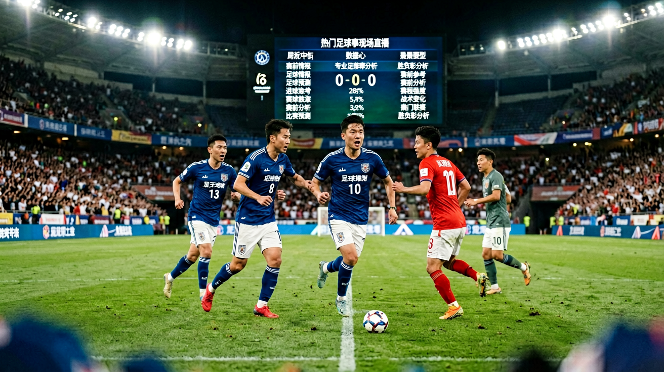热门足球赛事现场直播画面，展示激烈的比赛瞬间和实时比分板